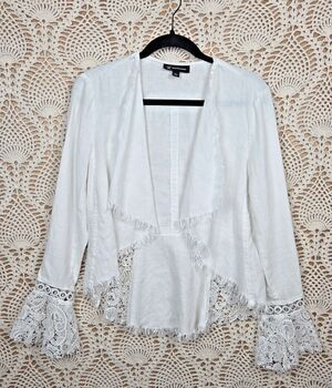 INC International Concepts Linen Jacket SMALL Lace Raw Hem Fairy Romantic Tux 80